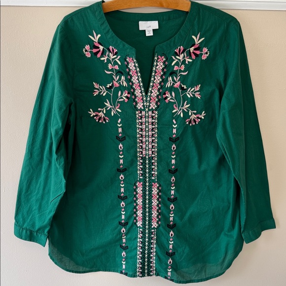 J. Jill Tops - J. Jill Embroidered Green Floral Women's Tunic Top
